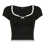 Girl Fresh And Pure Color T-Shirt Ins Trend Lace Lace Stitching Square Collar Summer Blouse-Outfit
