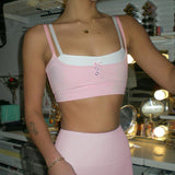 Sweet Sexy Crop Top Pink Bow Stitched Fake Two-piece Camisole Women Cute 2000s Sleeveless Mini Tank Tops Casual Tees Chic-Outfit