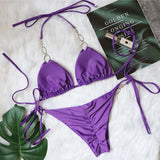 Fongt 2023 New Sexy Metal Accessories Rhinestone Women's Split Swimsuit Plain Strap