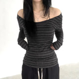 Fongt Stripe Color Long-Sleeved T-Shirt Women's Shoulder Foundation Versatile Slim Thin Bottom Top-Outfit