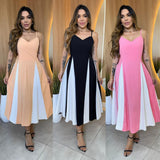 Fongt Summer New Fashion Match Gilled Waist Palette Sling Dress