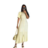 Fongt Elegant Knitted Dress Round Collar Single Buckle Horn Sleeve Fishtail Dress Medium Long Dress
