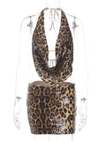 Leopard Print Sequin Backless Halter Top and Mini Skirt Two Piece Set-Outfit