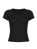 Short Sleeve Button Up Ribbed Top-Outfit