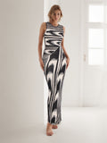 Fongt 2025 New Round-Neck Elastic Body Abstract Cuffless Knitted Long Dress Women Tight-Up
