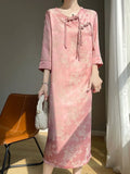 Chinese Summer Style Round-Collar Thin Half-Sleeved Women Loose And Thin Chinese Style Jacquard Forked Cheongsam Dress-Outfit