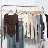Real Shooting 褶皱 Irregular Swing Long Sleeve T-Shirt Women's Autumn/Winter New Dressed T-Shirt With A Top
