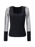Fongt Women's Wear 2024 Summer New U Collar Mesh Sleeve Splicing Pure Color Versatile Show Thin Temperament T-Shirt Women's Top-Outfit