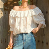 Fongt Goods Women's Clothing Holiday Style Shoulder French Embroidery Top Women's Sleeves Shenzhen South Oil Women's
