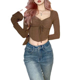 Fongt 2023 New Women's Solid Color Irregular Sleeve Drawn Pleated Rope Fish Bone Waist Exposed Umbilical T-Shirt-Outfit