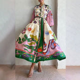 Fongt Women's Wear 2024 New Casual Personality Print V-Tie With Waist Long Sleeve Winter Dress