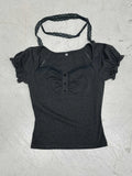 Fongt Pure Desire Girl Age Reduction Irregular Lace Splicing Short-Sleeved T-Shirt Design Bubble Sleeve Repair Body