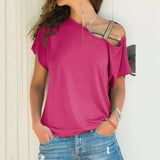 Women Skew Neck Irregular Criss Cross Blouse Patchwork Solid Tops Blusa Femme One Shoulder Summer Shirt Hollow Plus