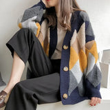 2022 Plaid Chic Cardigans Button Puff Sleeve Checkered Oversized Women's Sweaters Winter Spring Sweater Tops