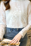 Spring Embroidery Flowers Blouses Stand Collar Long Sleeve Women Tops Loose White Elegant Lace Blouse Ladies Shirts
