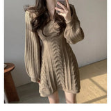 Fongt Chic Autumn Tenderness V-Necked Knitted Dress Design Slim Skinny Long Sleeves A-Shaped Knitted