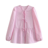 New 7-Color Bubble Sleeve Bow Tie Shirt In Spring-Outfit