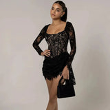 Black Long Sleeve Lace Bodycon Drape Mini Dress-Outfit