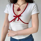 V-Neck Bow Knot Short Sleeve Coquette Tee-Outfit