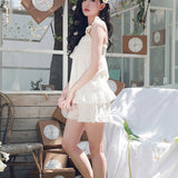 women's summer solid color thin sexy suspender shorts two-piece sleeveless vest cute home service Lace white