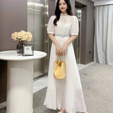 Fongt Elegant Half-High Collar Bubble Sleeve Pressure Folding Dress With Thin Temperament Female Chiffon Long Dress