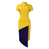 Fongt Women's Summer Collar Fashion Temperament Short-Sleeved Bag-Cuffed Crooked Pencil Dress African Dress