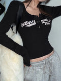 Black Long Sleeve Rib Crop Top with Letter