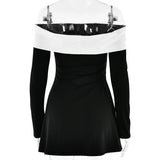 Off-Shoulder Color Block Long Sleeve Mini Dress-Outfit