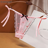 Transparent Embroidery Mesh Thong Bandage Bow Strap Women Fashion Underwear Panties Briefs Hot Gilr Love G-String