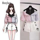 size 2 pieces shorts sets summer Sweet Korean off shoulder tops and shorts 2 pieces sets women clothing two pieces