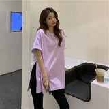 sale summer short-sleeved women t-shirts large size solid loose long tshirt pure Cotton Side split T shirt white tops