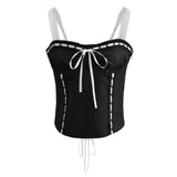 New Color Lace-Up Trim Short Halter Top-Outfit