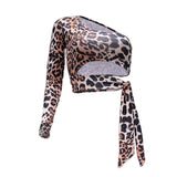 Fongt 156 Spot 2023 New Leopard Print Crop Sexy Lace Slim Inclined Shoulder T-Shirt Top Women-Outfit