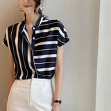 Women Casual Striped Shirt Short Sleeve Office Lady Commuting Chiffon