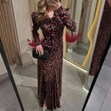 Fongt New Women's V-Neck Print Long Sleeve Open Fork Thin Waist Dress