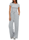 Fongt Suit Folding 2025 New Solid Short-Sleeved Top High-Rise Broad Leg Pants Sportswear
