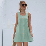 New Strap Dress Women Solid Color Button Loose Waist Pocket Sleeveless Casual Streetwear Beach Mini Short