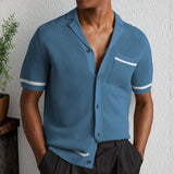Fongt Men's Sexy Hollow Men's Knitted Summer Cuban Collar Short-Sleeved Polo Shirt