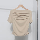 Real Shot A Word Shoulder Short Sleeve Pressure Folded T-Shirt Summer Slimming Pure Lust Folded Collarbone Short Blouse