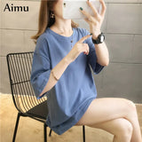 Summer Women T Shirt harajuku solid T-shirts students korean Casual loose Short Sleeve pink white Tops 90s Female Tee
