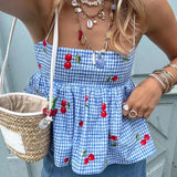 Blue Cherry Plaid Print Peplum Cami Top-Outfit
