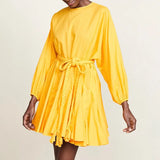 2022 Summer A Line Women's Dress O Neck Long Sleeve High Waist Sashes Slim Rose Color Mini Dresses Female