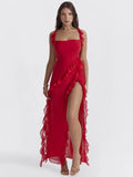 Red Ruffle Split Maxi Dress-Outfit