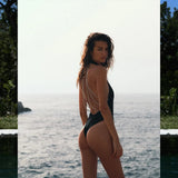Pure Black One-Piece Swimsuit Woman 2025 New With Diamond Chain Sexy Bare Back Hanging Neck Strap Swimming