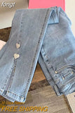 New Chic Love Button Split Jeans Women's Summer Hot Girl jeans Retro High Waist Straight Slim Flared Denim Pants