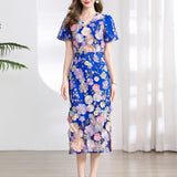 Fongt Banquet Famous Wind V-Neck Short-Sleeved Body-Brace Three-Dimensional Flower Lace Dress 2025 New