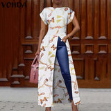 Split Hem Blouse Women Split Tunic Vintage Printed Long Shirts 2021 Summer Dress Female Casual Party Tops