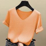 Short Sleeve Blouse Women Tops 2021 Solid Korea Summer Shirt Thin V-neck Knit Female Tee Shirt Dames Gebreid Shirt