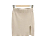Trendy Women's Skirt Solid Color High Waist Slim And Slim Side Forked Knitted Hip Skirt-Outfit