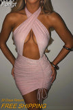 Bling Glitter Women Drawstring Ruched Halter Mini Dress Hollow Out Backless Bodycon Party Club 2023 Autumn Winter